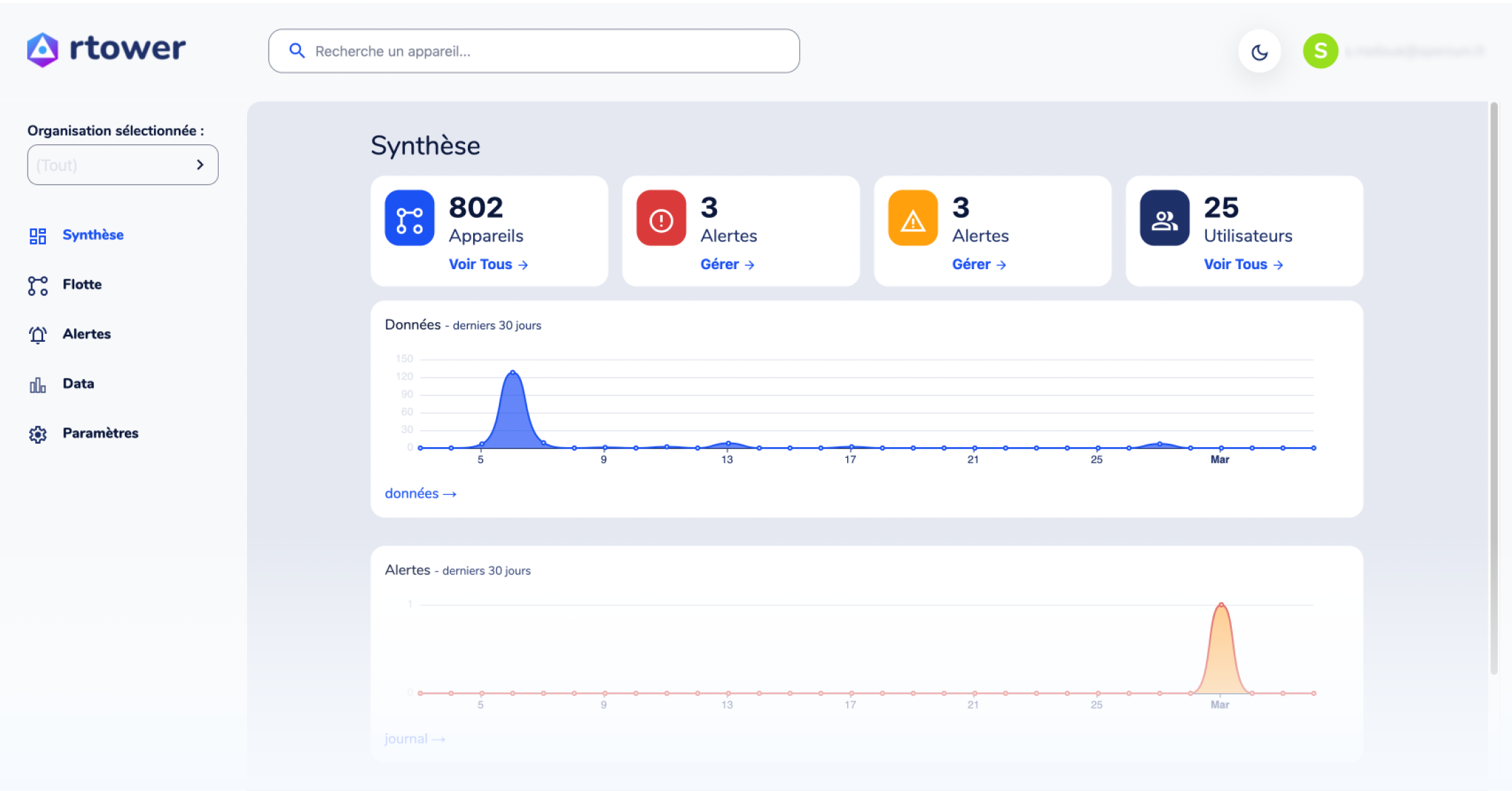 Écran d'accueil de Rtower